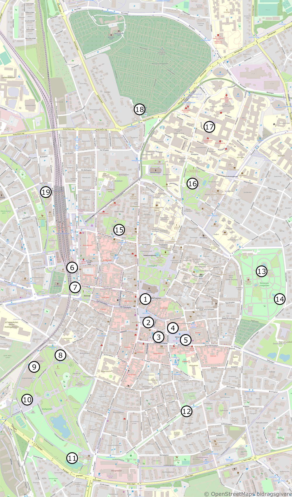 Karta över toaletter i Lunds centrum